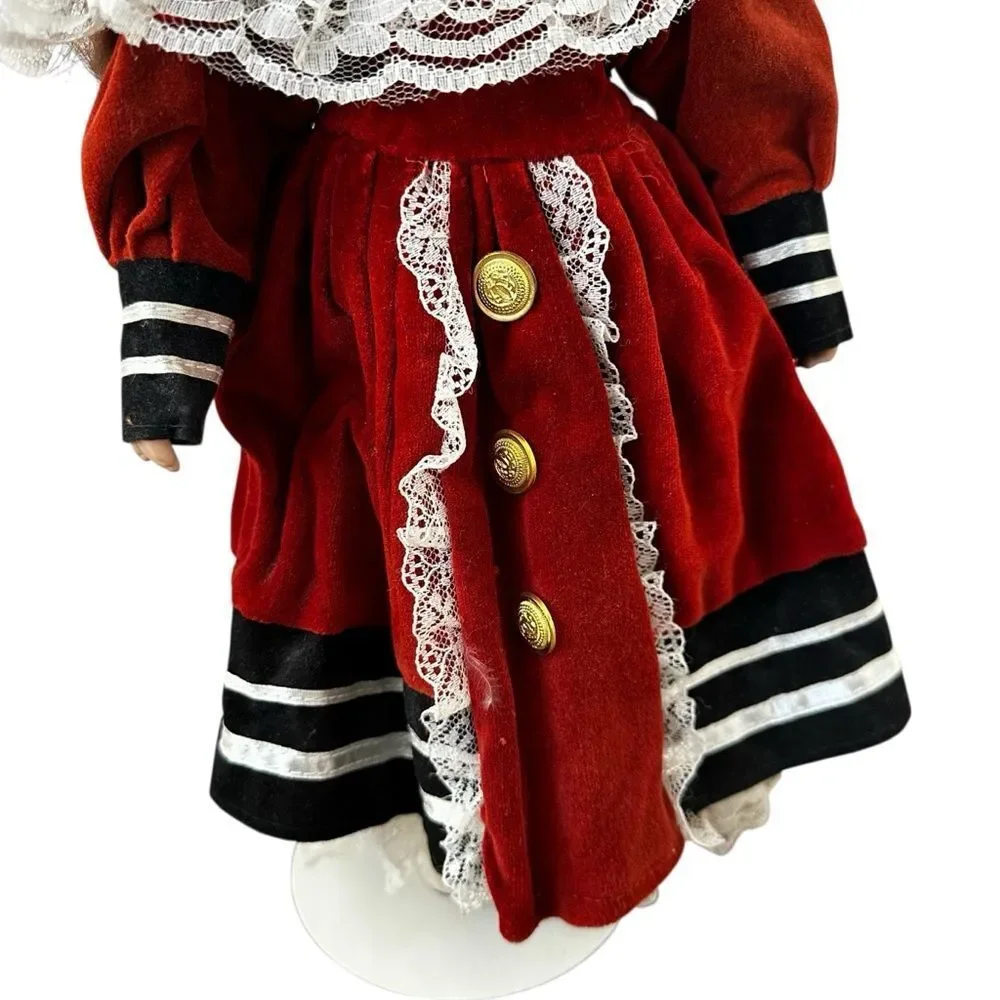 Vintage Victorian Style Girl Doll Burgundy Velvet Dress Lace Trim Collectible